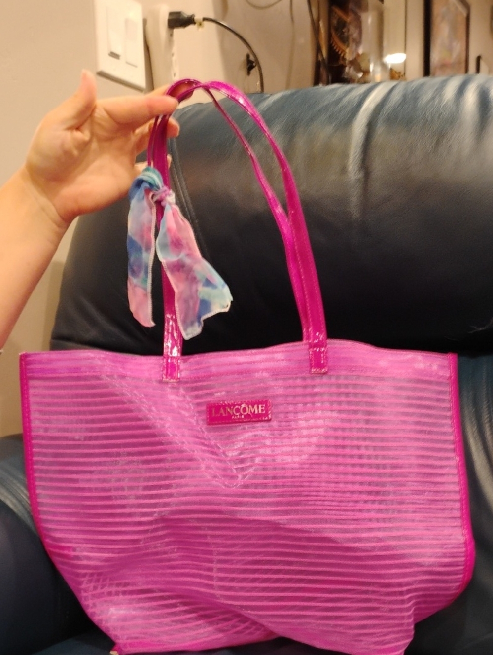 Lancome Hot Pink Striped Tote with Multicolor Scarf Accent